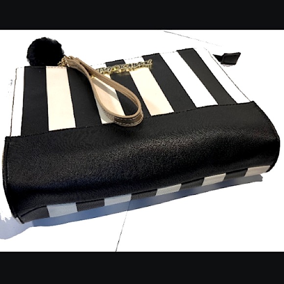 BETSEY JOHNSON BLACK CREAM STRIPED MAKEUP BAG CLUTCH PURSE BAG TOTE LARGE 1… - Picture 2 of 8